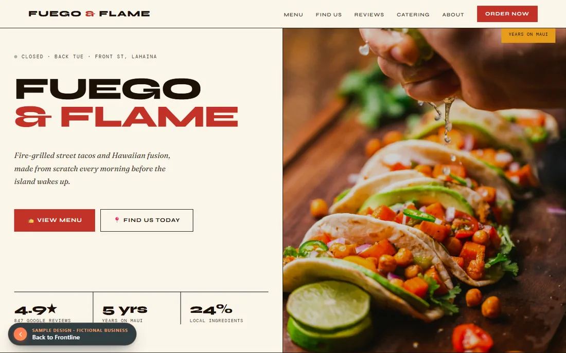 Preview of the Fuego & Flame demo food-truck website