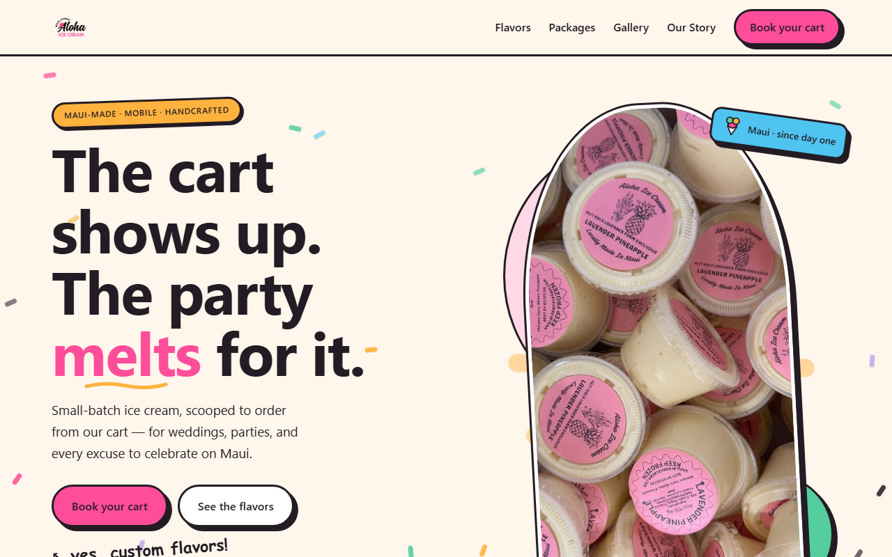 Screenshot of the Aloha Ice Cream mobile ice cream cart catering website