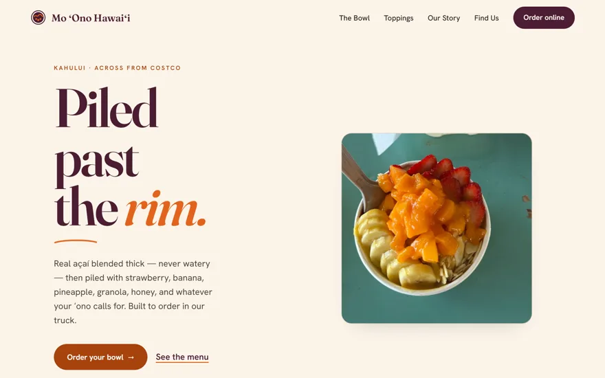 Screenshot of the Mo ʻOno Hawaiʻi açaí food-truck website